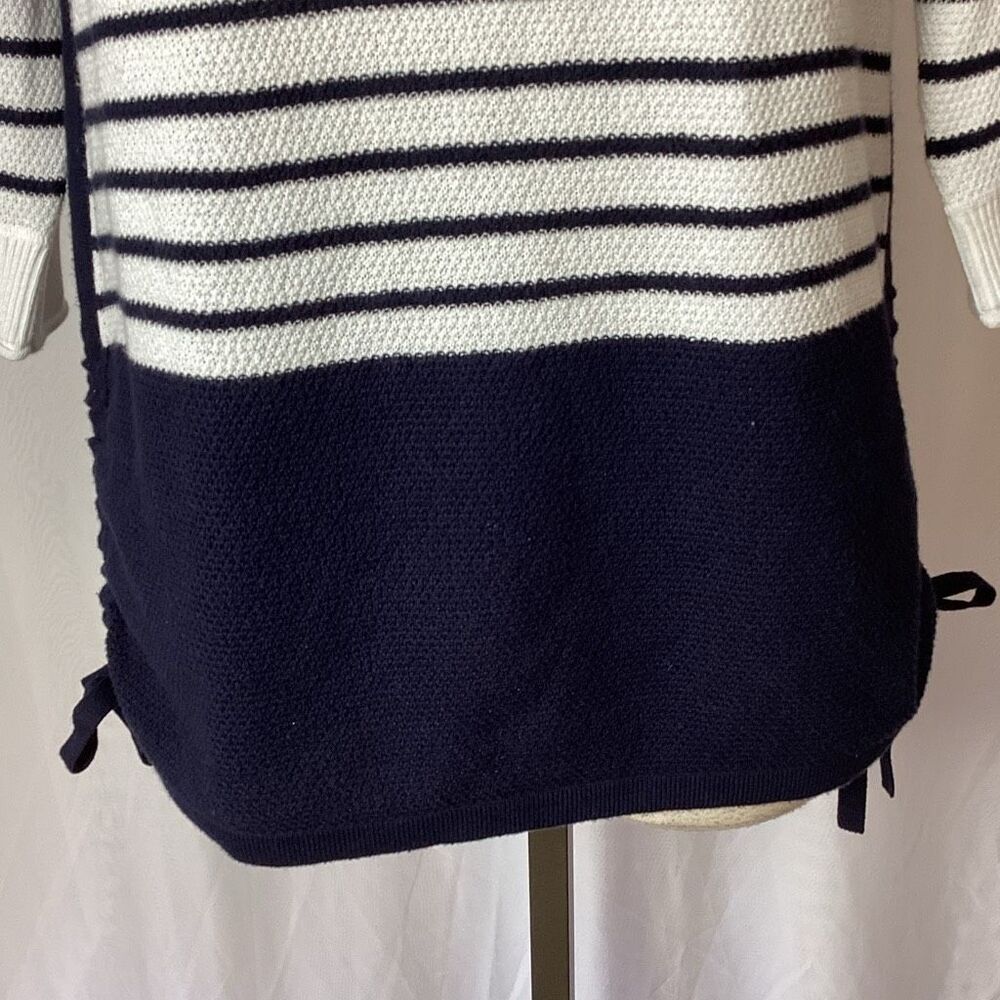 T By Talbots Navy White Striped Pique Ruched Crewneck Sweater Small Nautical Coa - Picture 4 of 10